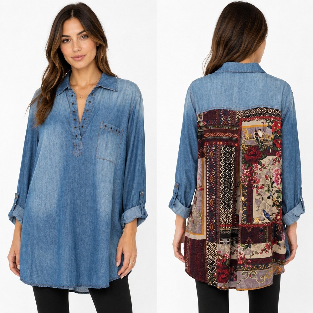 John Mark Patchwork V-Neck Tunic XL Chambray Boho Floral Mixed Media Grommet